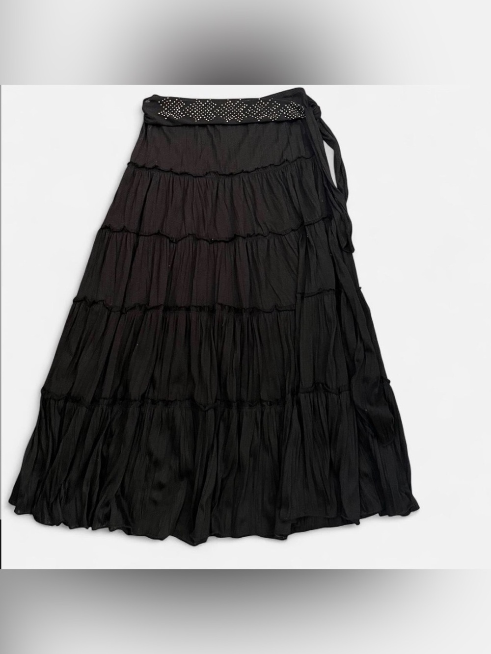 Vintage Forever 21 Black Tiered Maxi Skirt with rhinestone Waist Tie